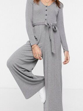 ASOS Design Ribbed Long Sleeve Belted Jumpsuit in Grey